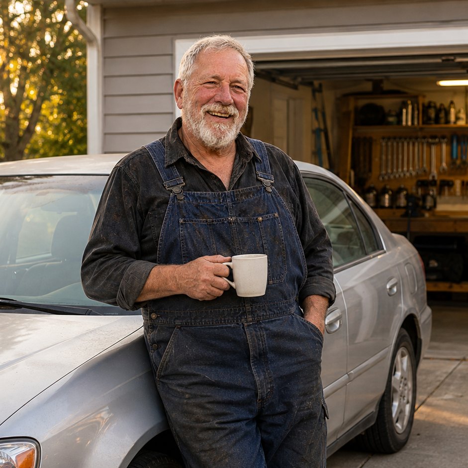 Ted with his car in the driveway