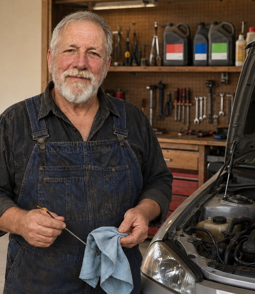 Ted, Car Guy, in his garage checking the oil